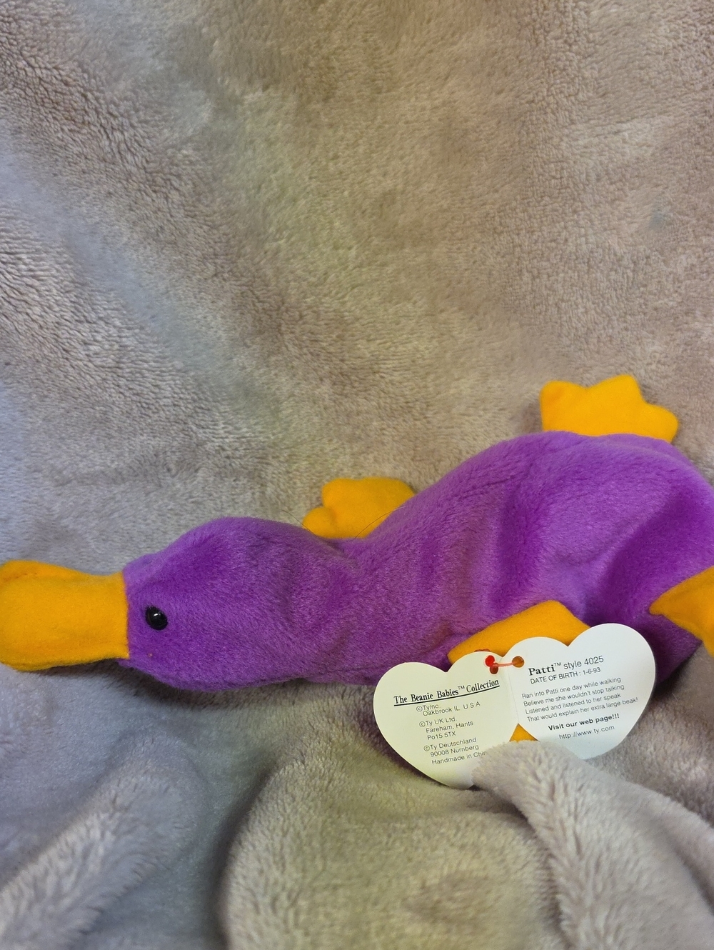 Ty Patti Plush Platypus in Purple and Yellow